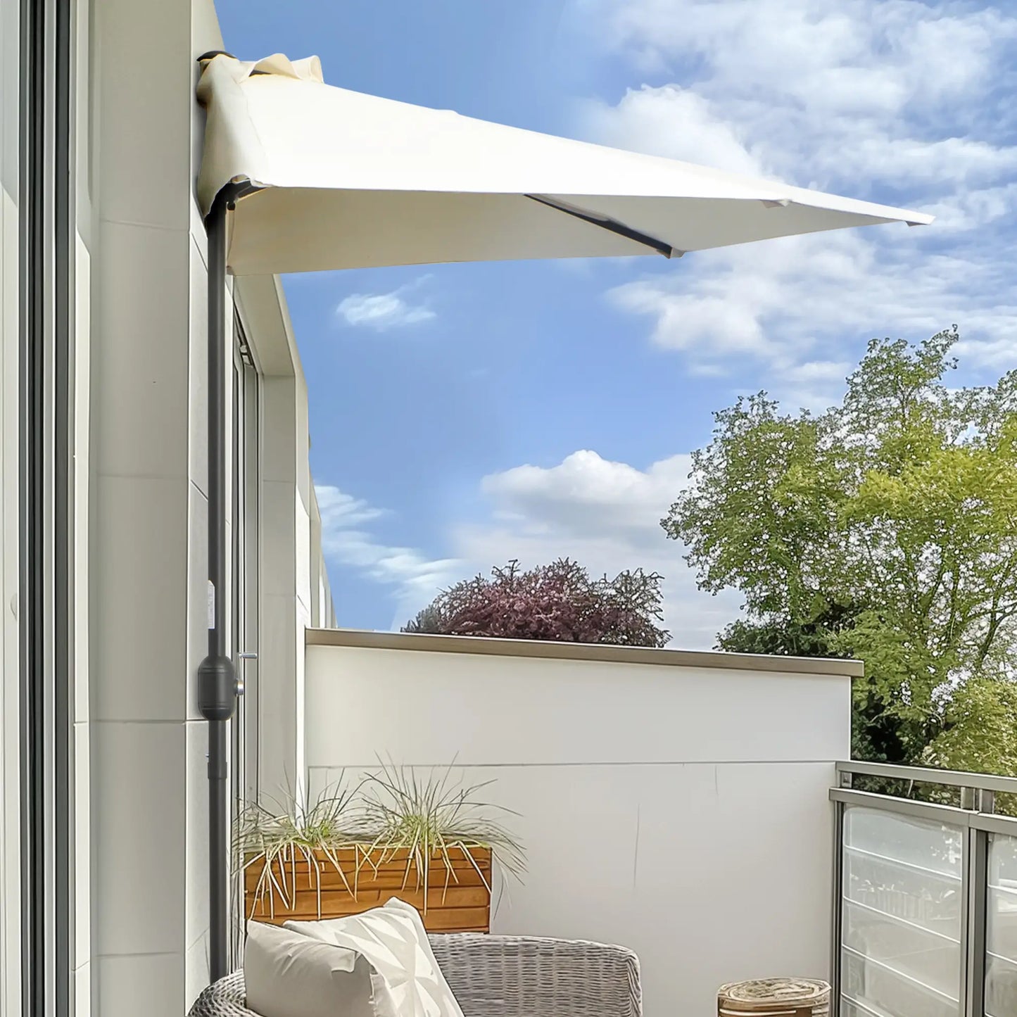 Outsunny 9.8ft Half Umbrella Semi Round Patio Parasol with Crank Handle and Top Vent,  NO BASE INCLUDED, Cream - Rusted Decor 