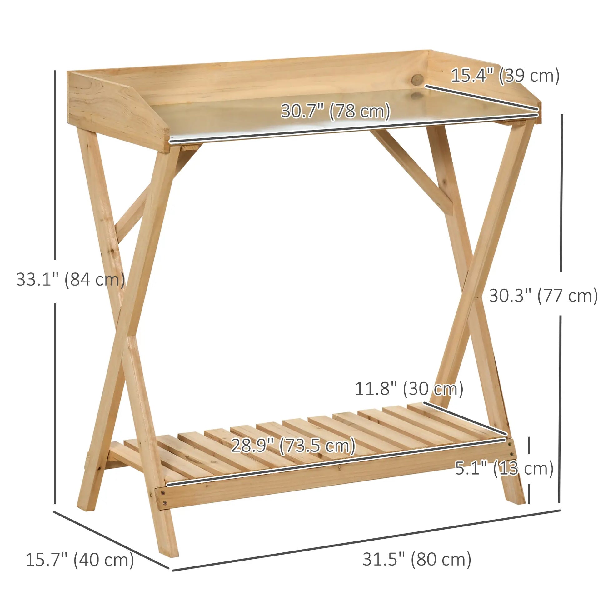 Outsunny Wooden Garden Potting Bench Table, Work Station w/ Galvanized Metal Tabletop and Storage Shelf - Rusted Decor 