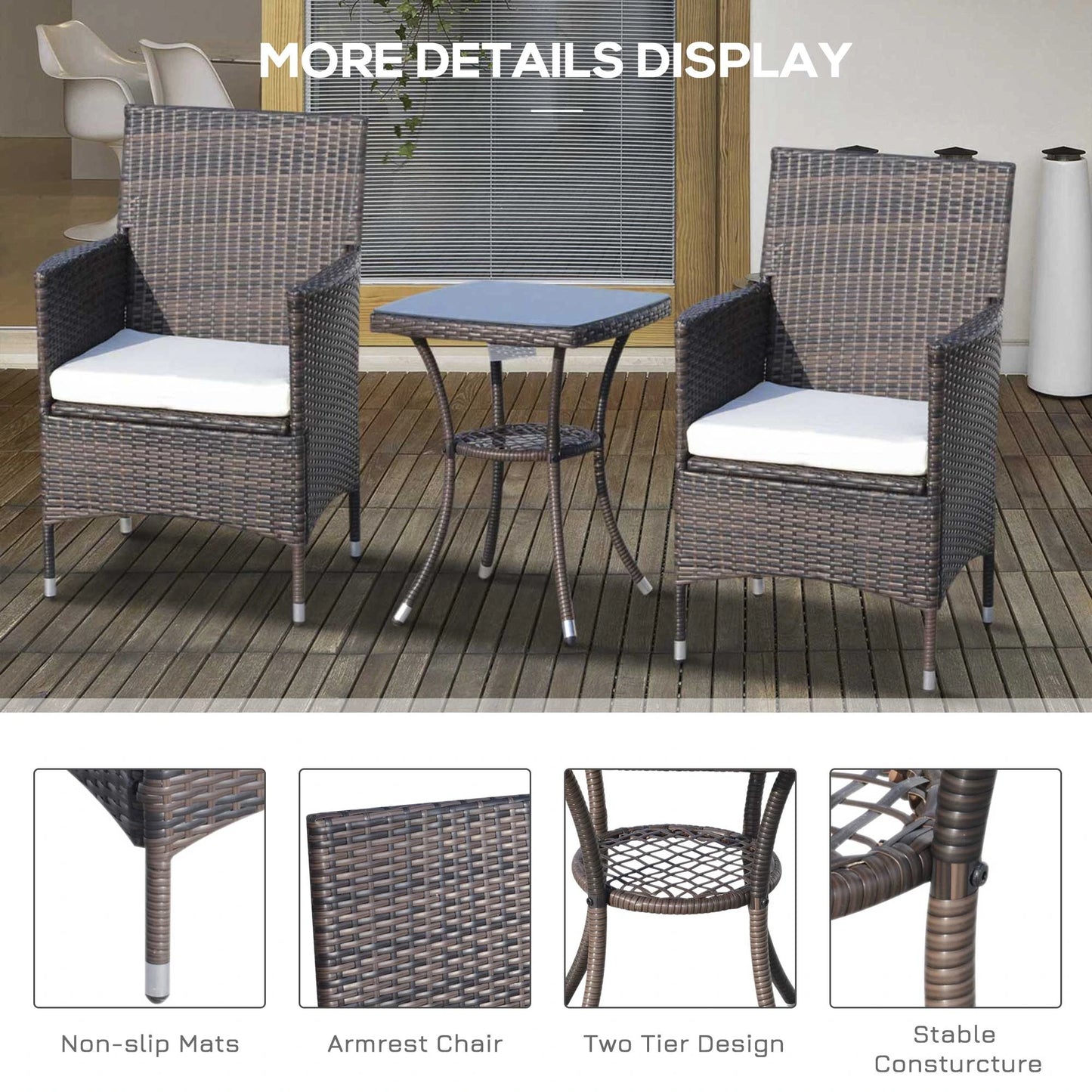 Outsunny 3 Pieces Patio Furniture Set, Rattan Bistro Set w/Two Armchairs and Glass Top Table - Rusted Decor 