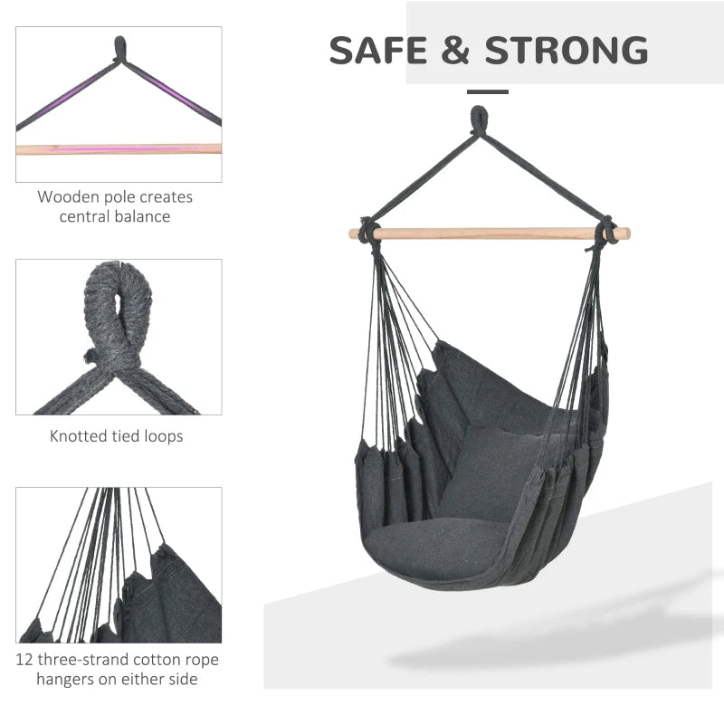 Outsunny Hammock Chair Swing Hanging Macrame Chair Cotton w/ Two Soft Seat Cushions, for Bedroom Indoor Outdoor, Dark Grey - Rusted Decor 