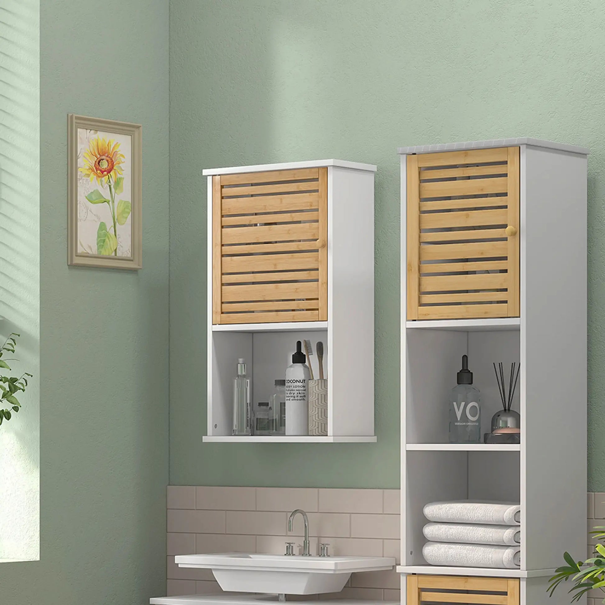 HOMCOM Bathroom Wall Cabinet with Bamboo Slat Door and Adjustable Shelf, White 834-694V80WT - Rusted Decor 