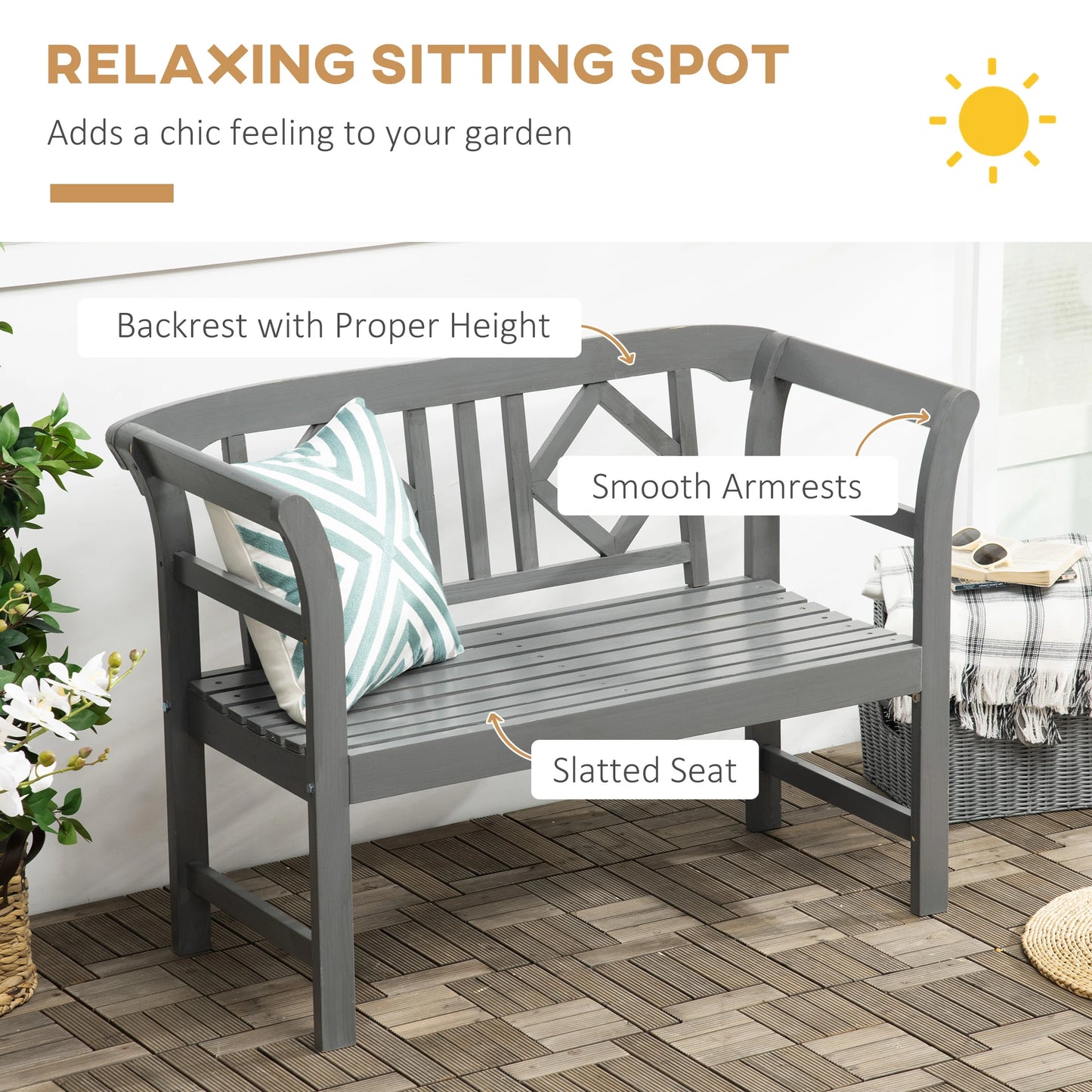 Outsunny Outdoor Patio Wooden Bench with Stylish Pattern Backrest and Armrests - Rusted Decor 