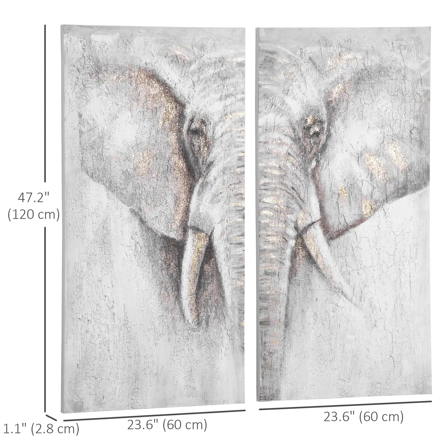 HOMCOM 2 Panel Elephant Art Hand-Painted Canvas Painting with Heavy Texture, White / Grey, 47.25" x 47.25" - Rusted Decor 