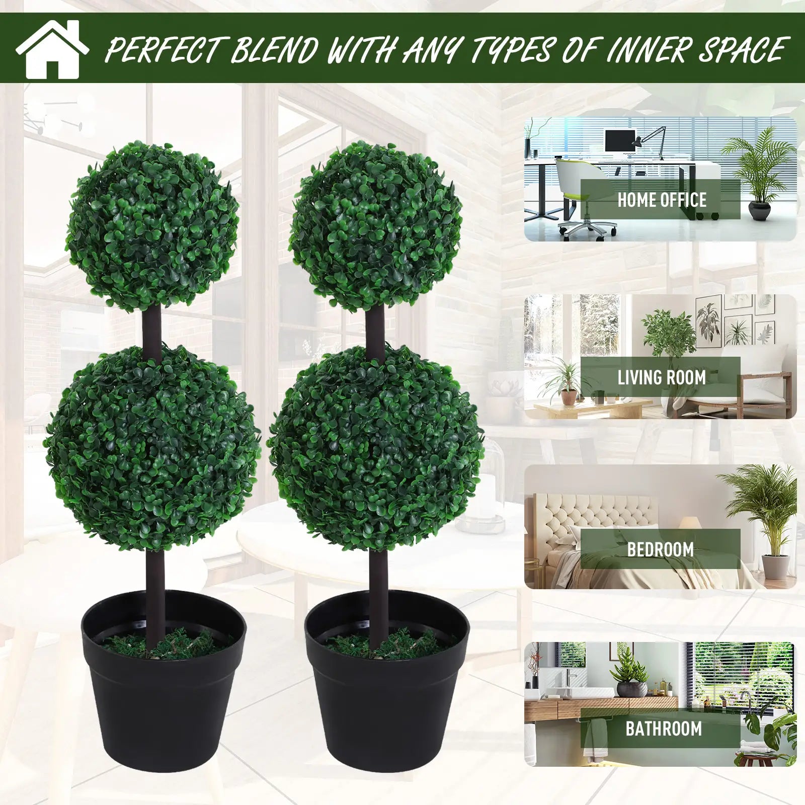 Outsunny 2 Artificial Ball Topiary Trees in Pot, Dark Green - Rusted Decor 