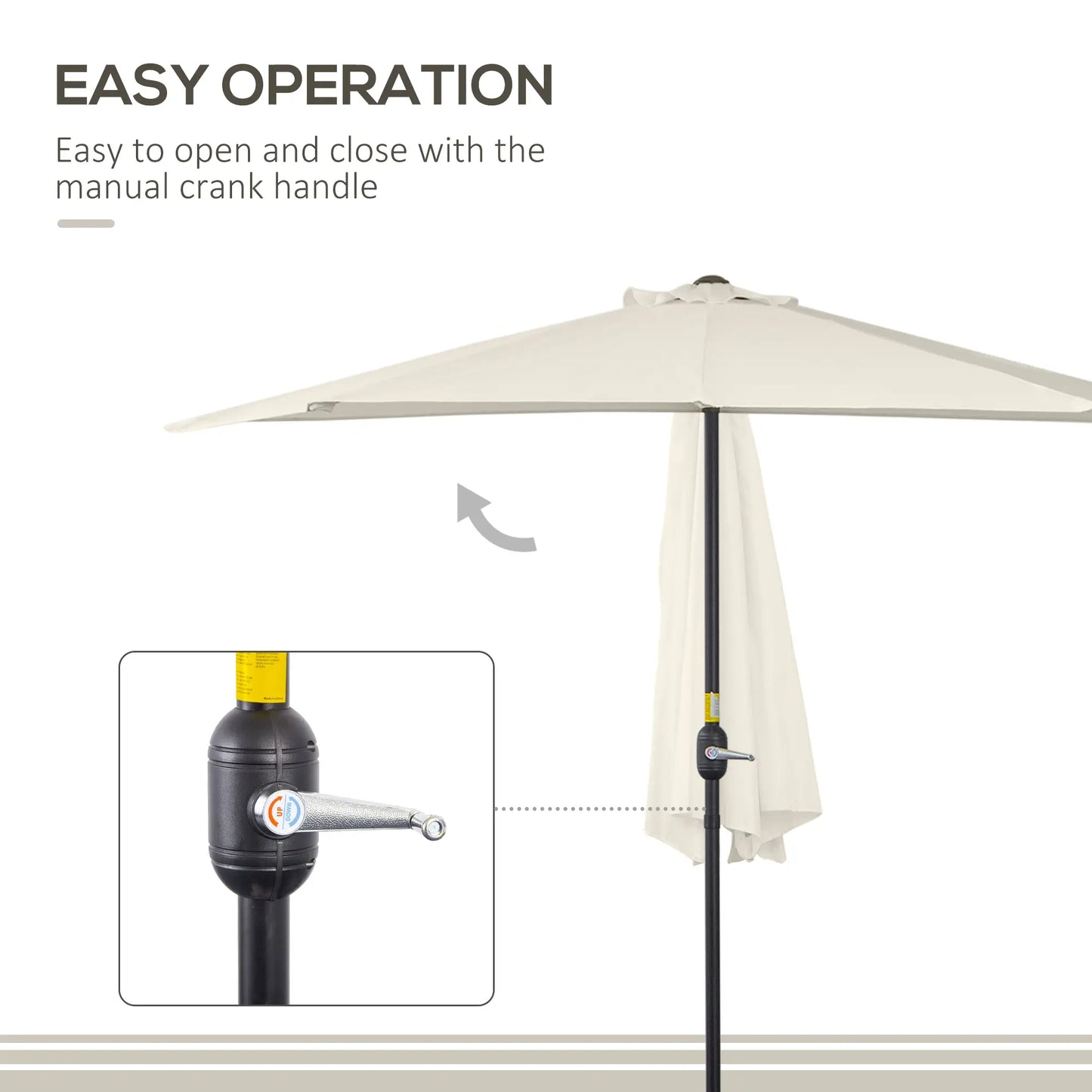 Outsunny 9.8ft Half Umbrella Semi Round Patio Parasol with Crank Handle and Top Vent,  NO BASE INCLUDED, Cream - Rusted Decor 