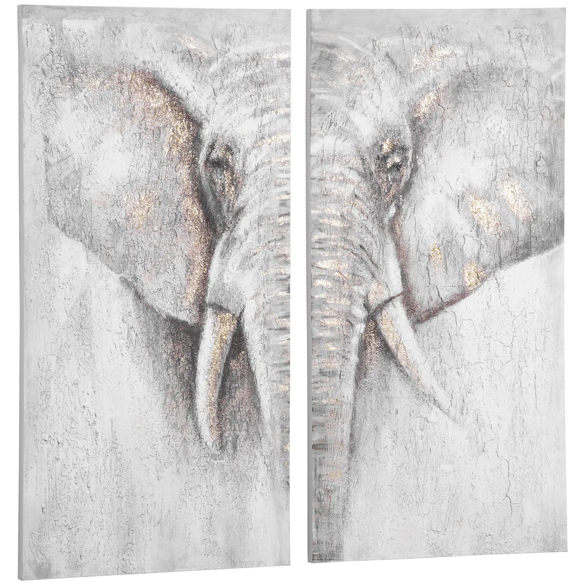 HOMCOM 2 Panel Elephant Art Hand-Painted Canvas Painting with Heavy Texture, White / Grey, 47.25" x 47.25" - Rusted Decor 