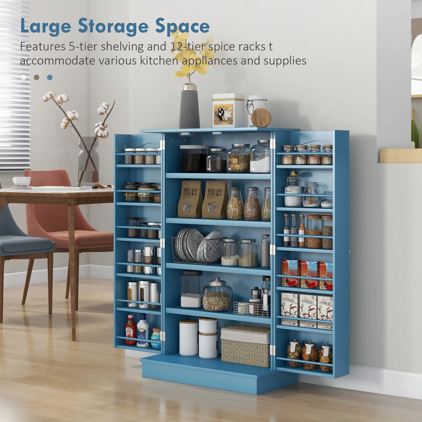 2-Door Kitchen Pantry Cabinet with 5-tier Shelving, 12 Spice Racks and Adjustable Shelves,41", Blue-Rusted Decor 