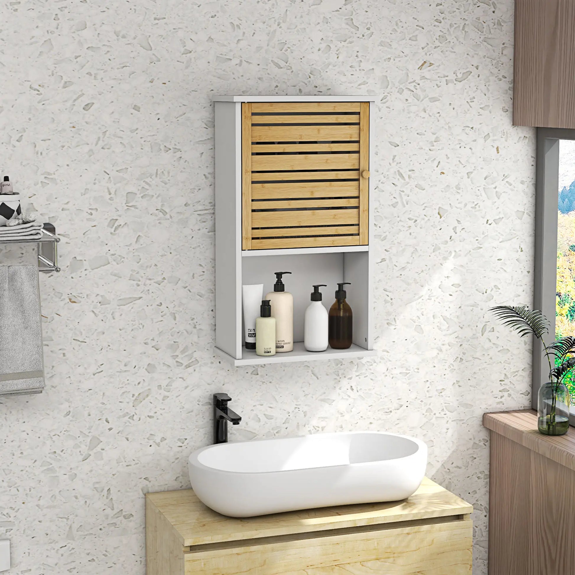 HOMCOM Bathroom Wall Cabinet with Bamboo Slat Door and Adjustable Shelf, White 834-694V80WT - Rusted Decor 