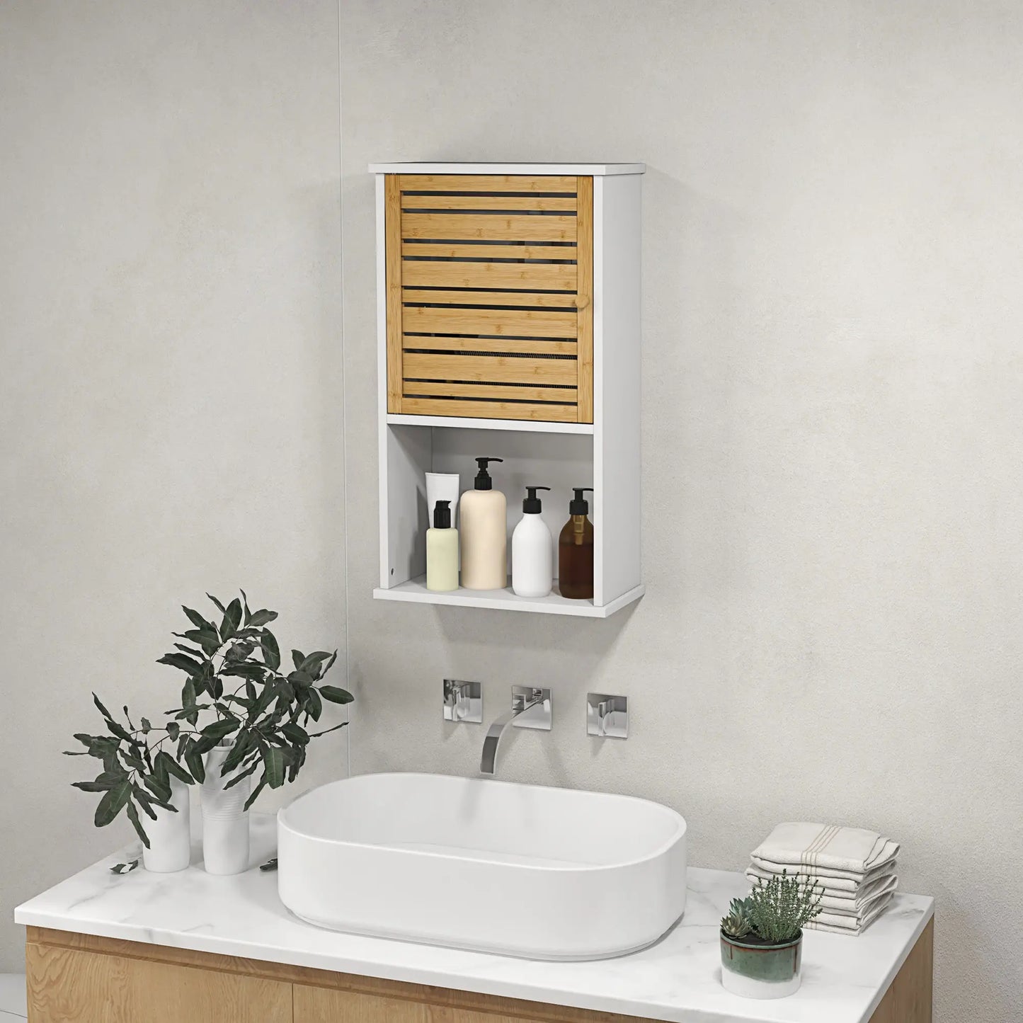 HOMCOM Bathroom Wall Cabinet with Bamboo Slat Door and Adjustable Shelf, White 834-694V80WT - Rusted Decor 