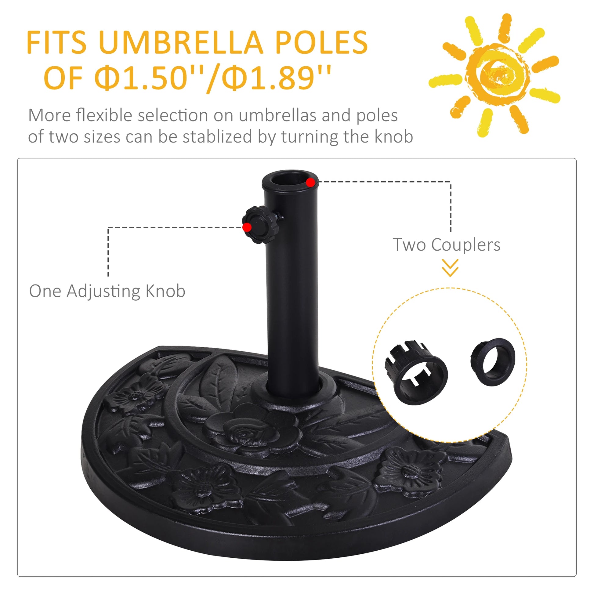 Outsunny 20" Half Round Patio Umbrella Base, Stand Holder For Φ1.5", Φ1.9" Pole, Black - Rusted Decor 