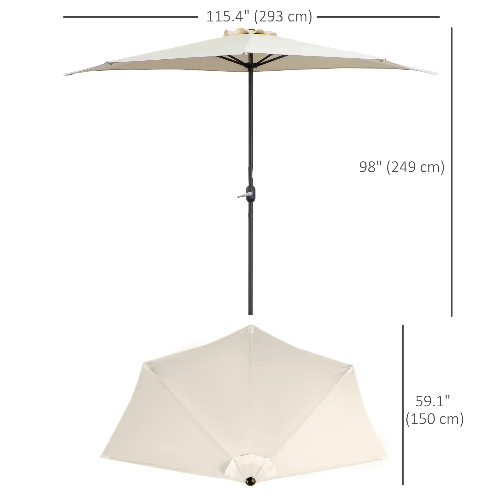 Outsunny 9.8ft Half Umbrella Semi Round Patio Parasol with Crank Handle and Top Vent,  NO BASE INCLUDED, Cream - Rusted Decor 