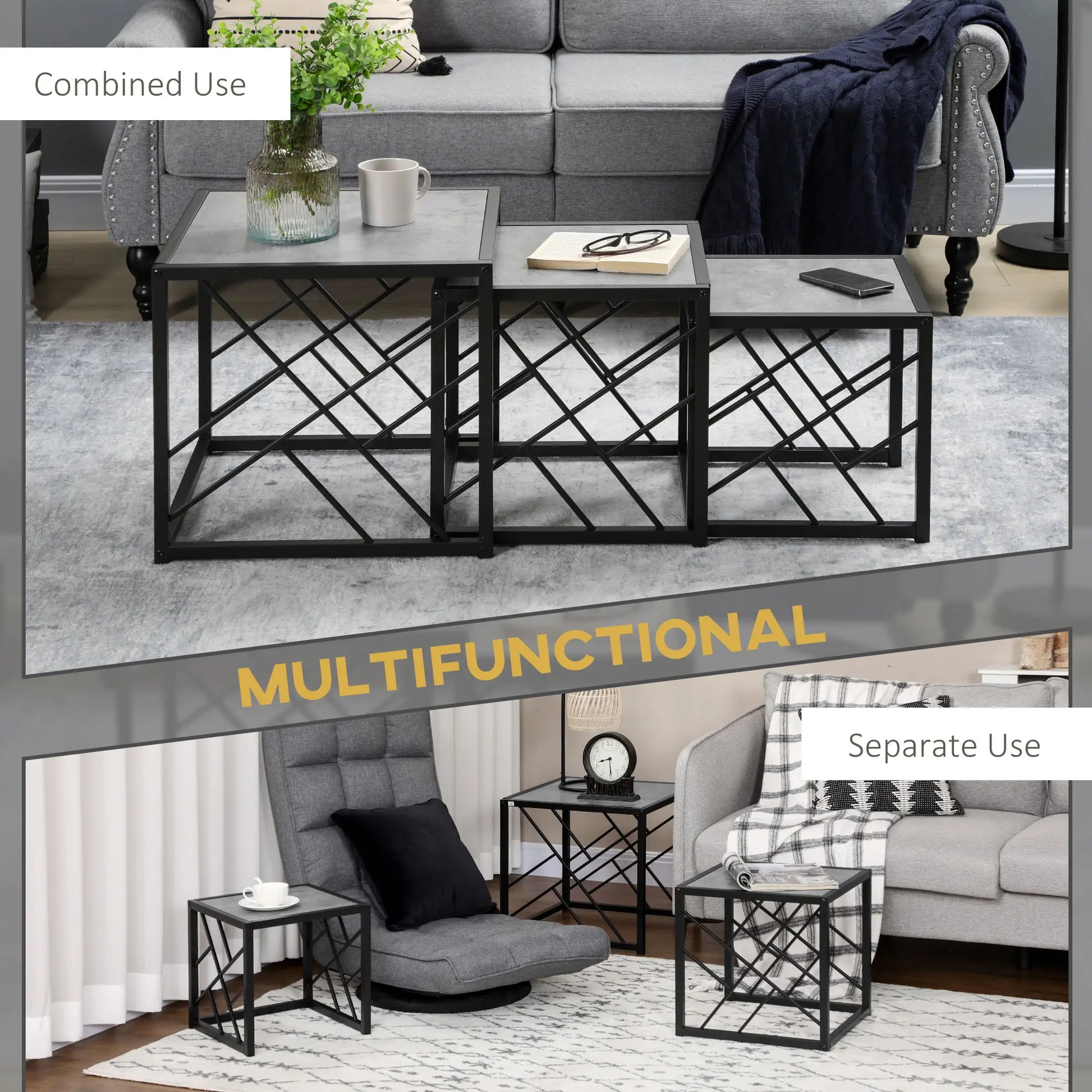 HOMCOM "Nest of Tables" Square Coffee Table Set of 3 with Metal Frame, Grey - Rusted Decor 