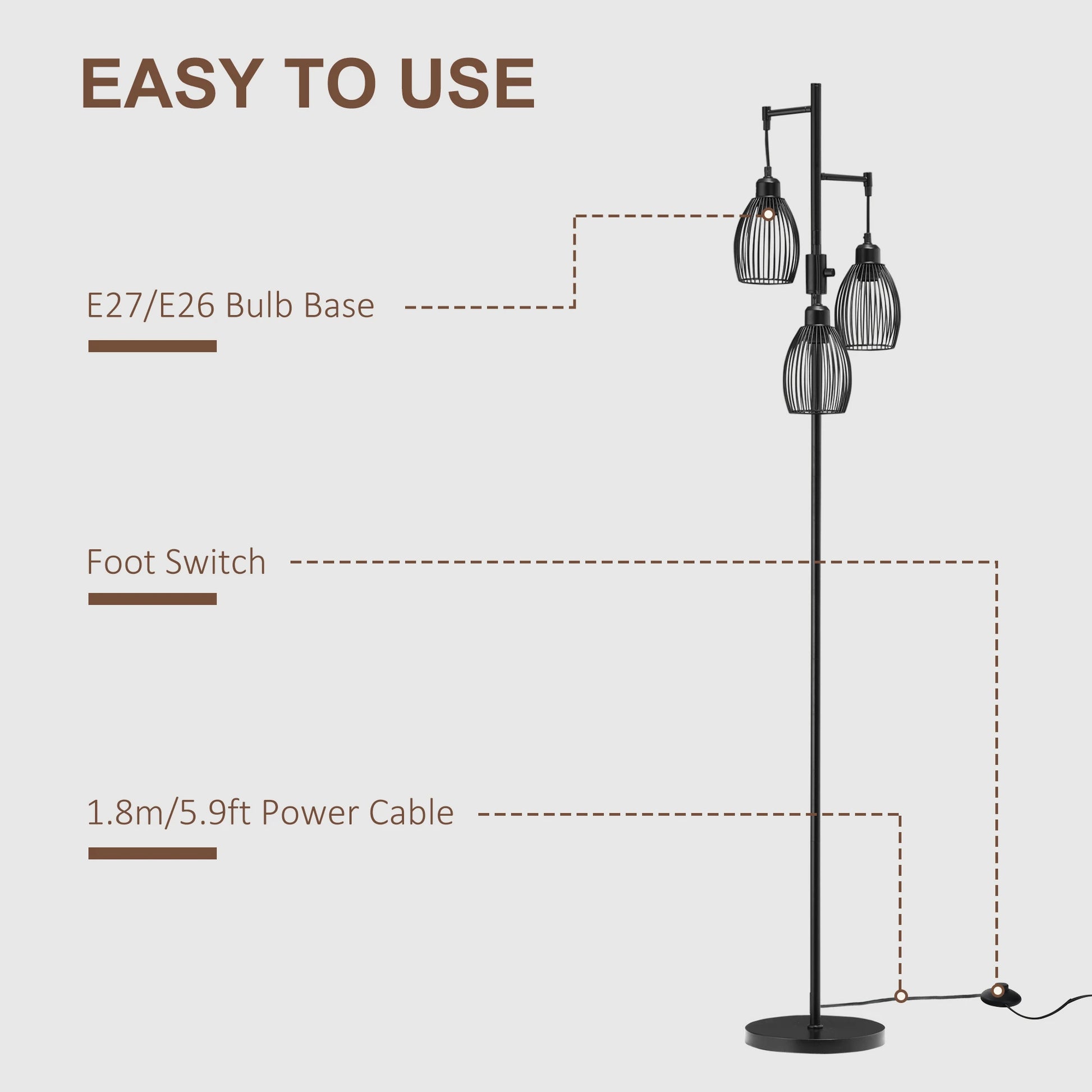 HOMCOM Industrial Floor Lamp with 3 Hanging Wire Lampshades, Dimmable, Black - Rusted Decor 