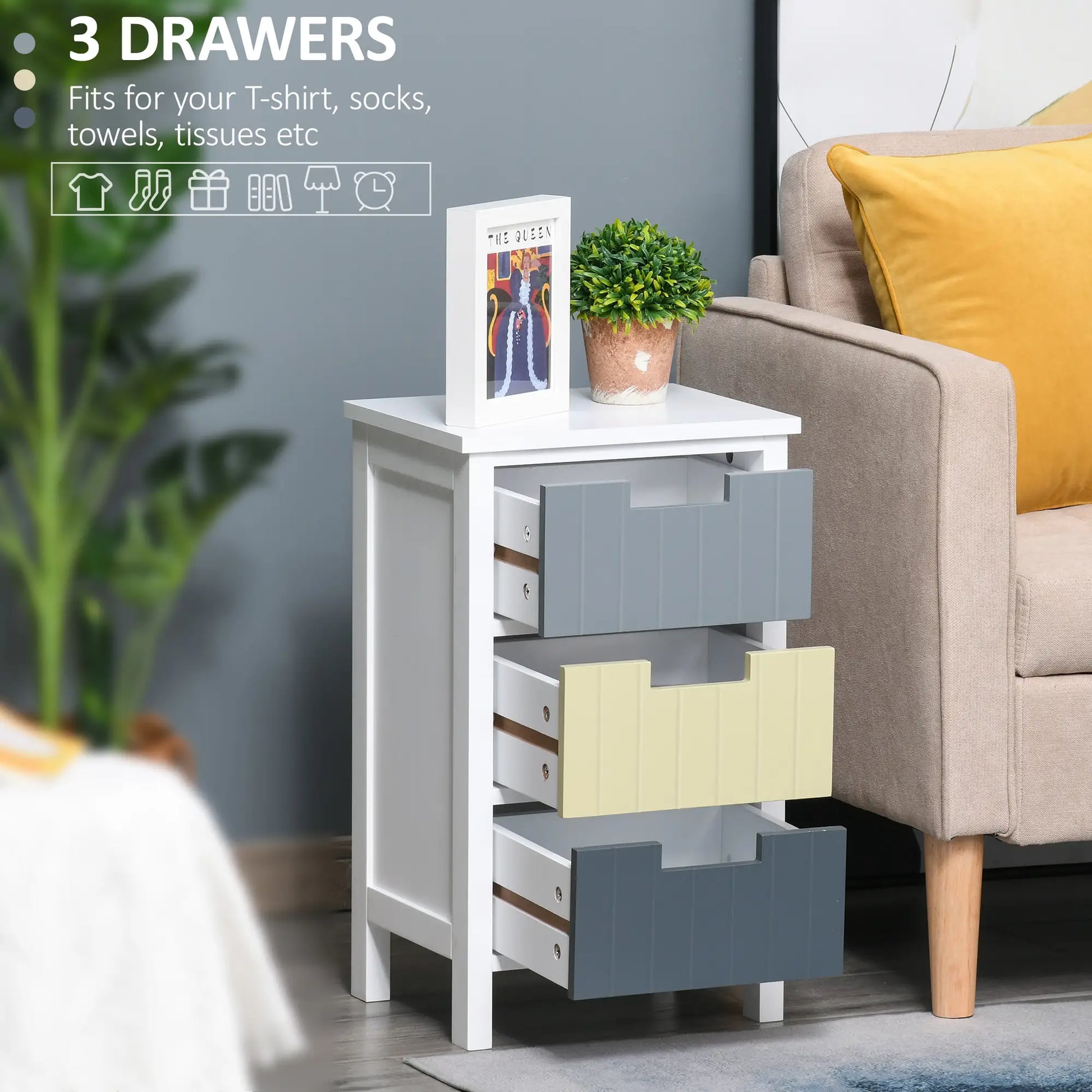 HOMCOM Bedside Table with 3 Drawers, Tall Nightstand with Storage, Multi-Colour - Rusted Decor 