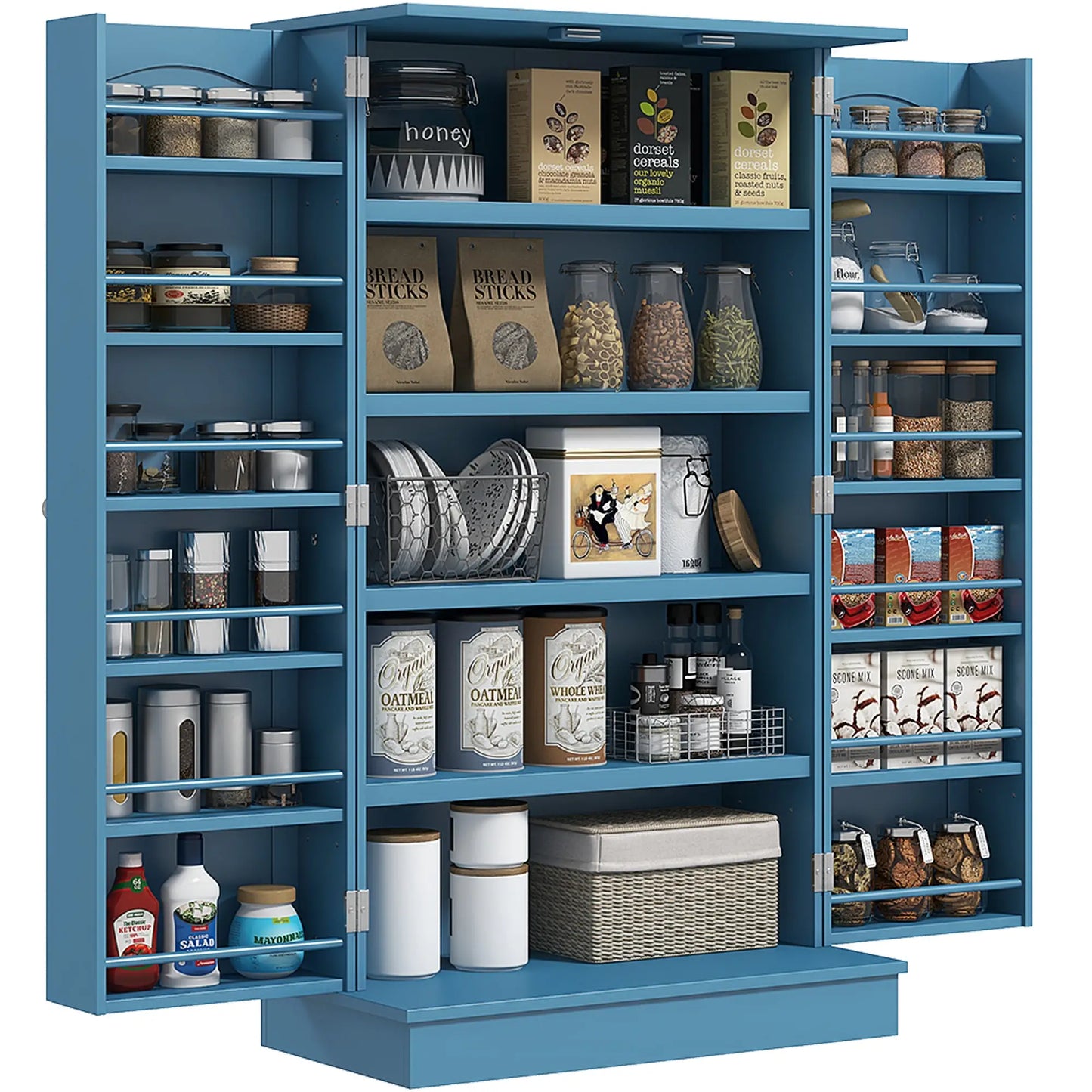 2-Door Kitchen Pantry Cabinet with 5-tier Shelving, 12 Spice Racks and Adjustable Shelves,41", Blue - Rusted Decor 