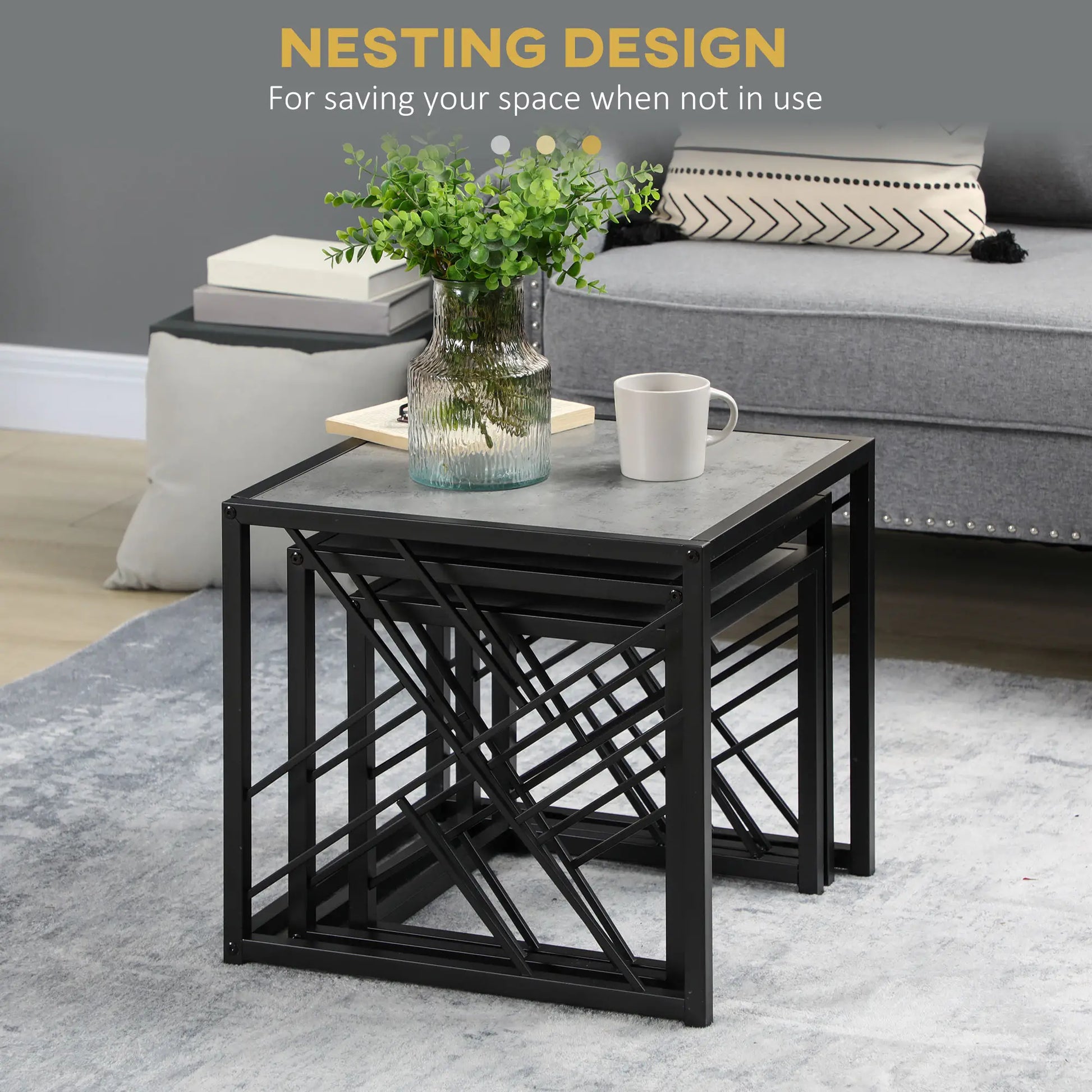 HOMCOM "Nest of Tables" Square Coffee Table Set of 3 with Metal Frame, Grey - Rusted Decor 