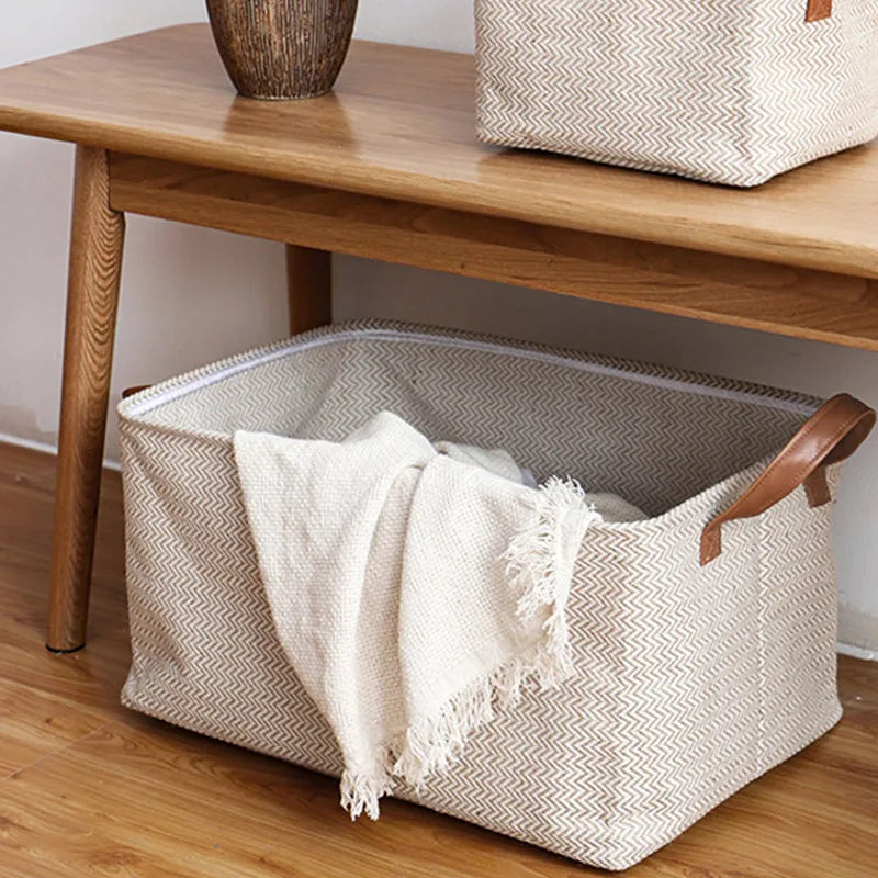 Foldable Woven Storage Basket With Pu Handles Jute Organiser Box For Home Décor Sundries Closet Collation - Rusted Decor 