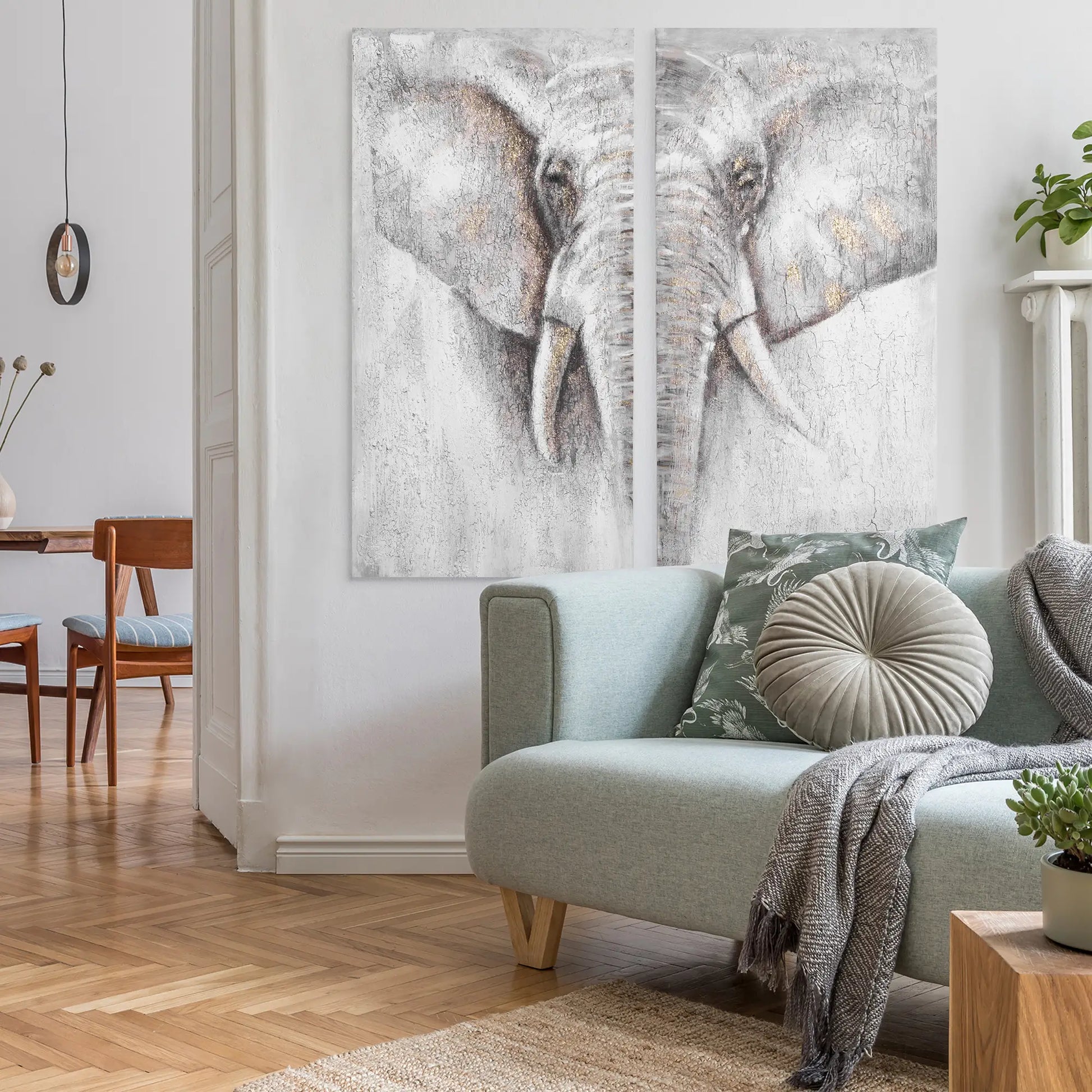 HOMCOM 2 Panel Elephant Art Hand-Painted Canvas Painting with Heavy Texture, White / Grey, 47.25" x 47.25" - Rusted Decor 