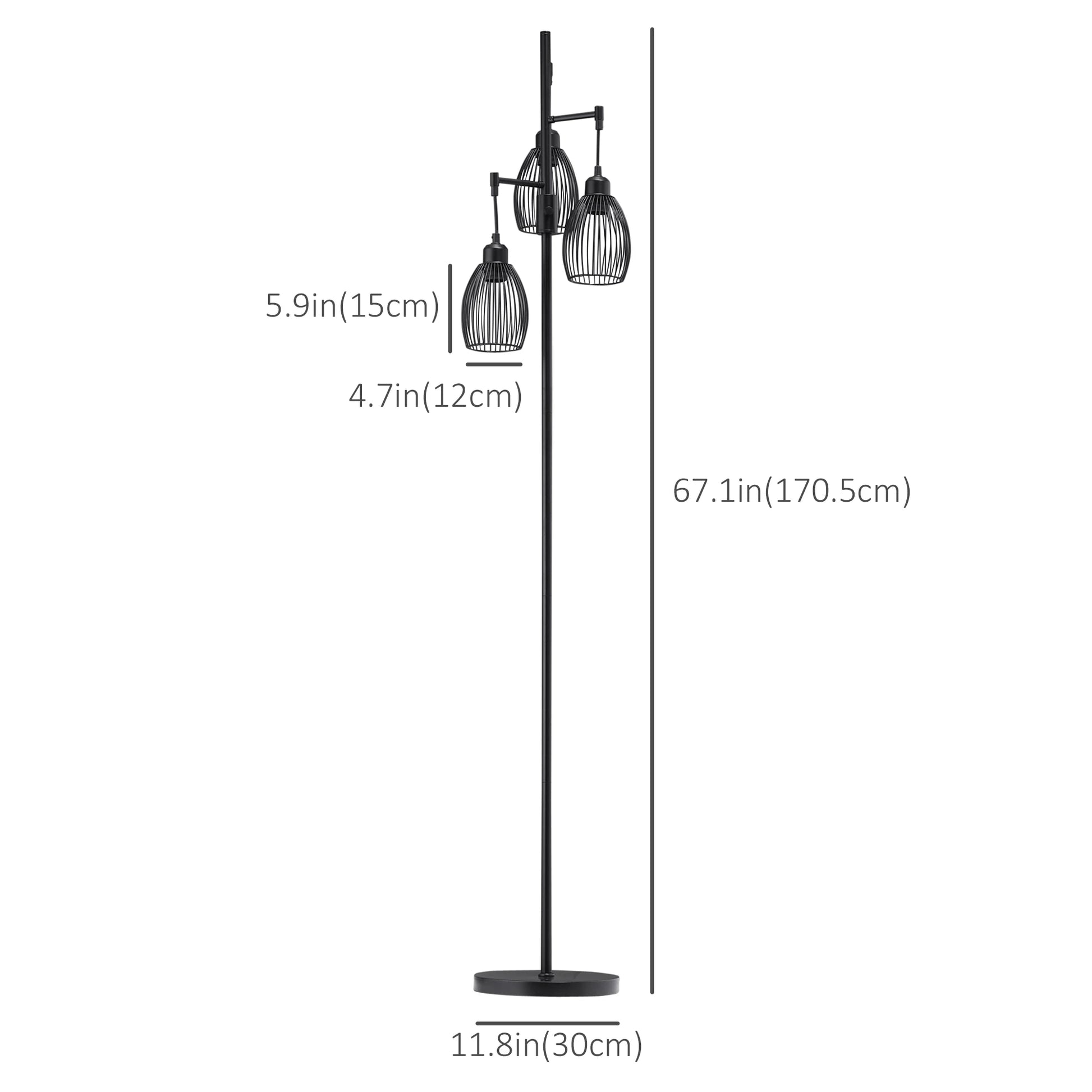 HOMCOM Industrial Floor Lamp with 3 Hanging Wire Lampshades, Dimmable, Black - Rusted Decor 