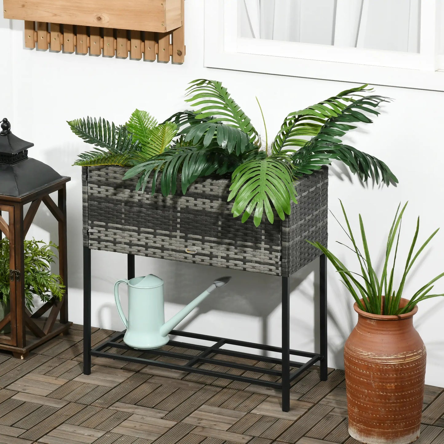 Outsunny Rattan Raised Garden Flower Beds, Boxes with Storage Shelf, Mixed Grey - Rusted Decor 