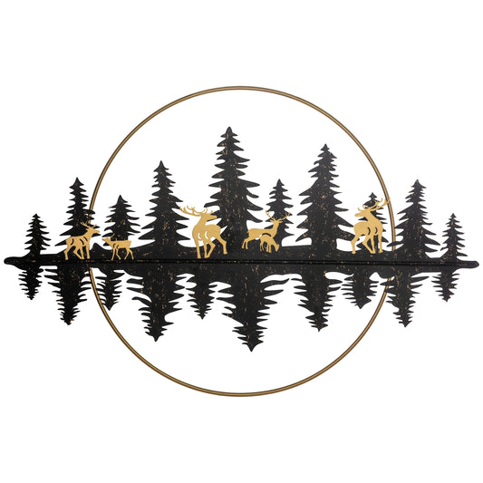 HOMCOM 3D Metal Wall Art Reindeer Forest Hanging Wall Home Décor, 47"x32"(120x80cm.), Gold Black - Rusted Decor 