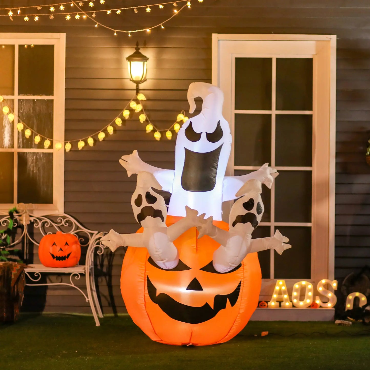 6FT Halloween Inflatable Jack-O-Lantern and Ghosts, Outdoor Blow Up Yard Decoration with LED Lights - Rusted Decor 