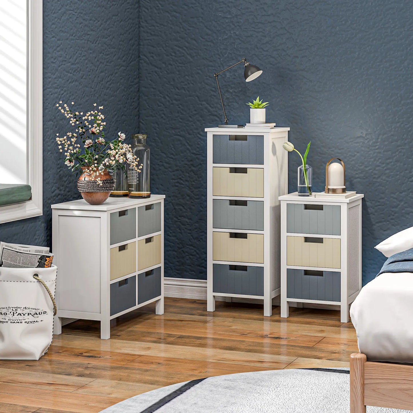 HOMCOM Bedside Table with 3 Drawers, Tall Nightstand with Storage, Multi-Colour - Rusted Decor 