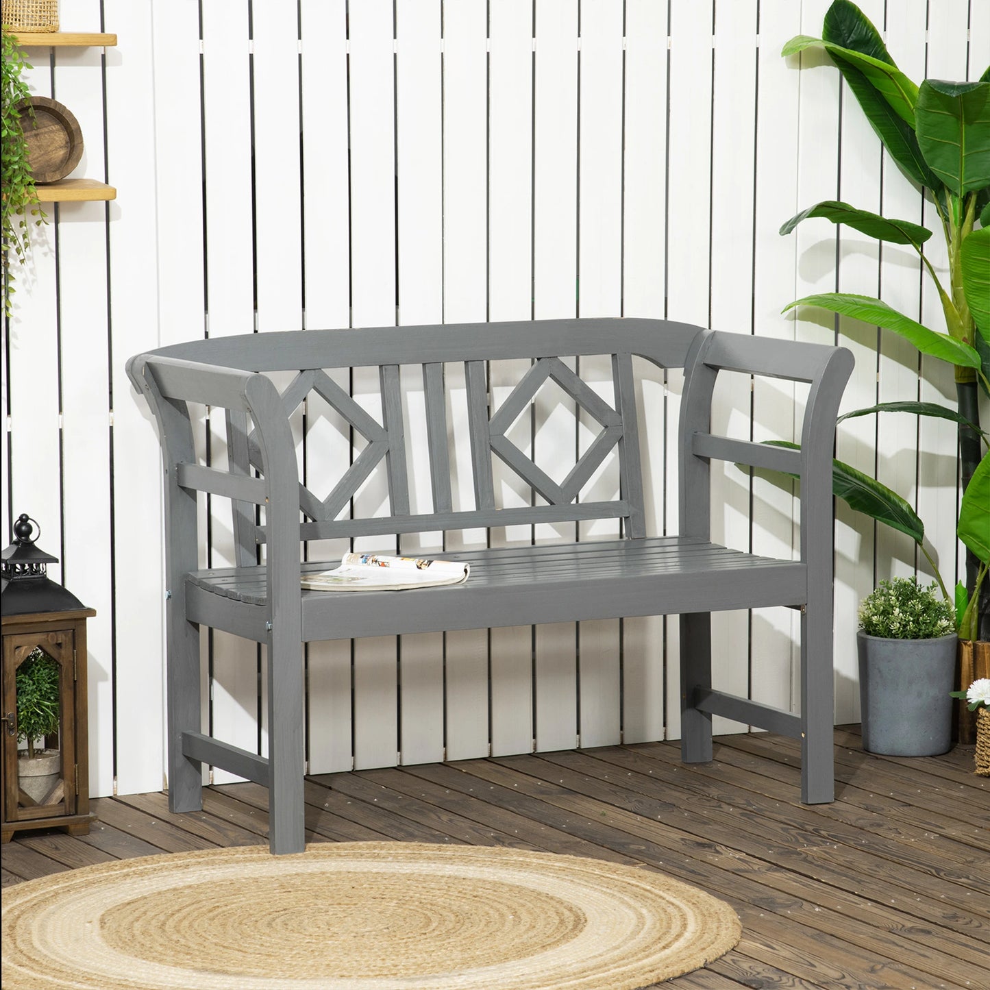 Outsunny Outdoor Patio Wooden Bench with Stylish Pattern Backrest and Armrests - Rusted Decor 