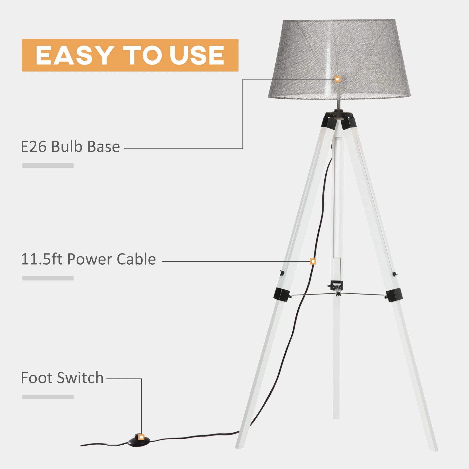 HOMCOM Tripod Floor Lamp, Adjustable with E26 Lamp Base - Rusted Decor 