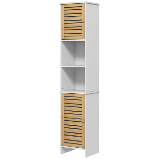 HOMCOM Bamboo Bathroom Storage Cabinet with Adjustable Shelves, White - Rusted Decor 