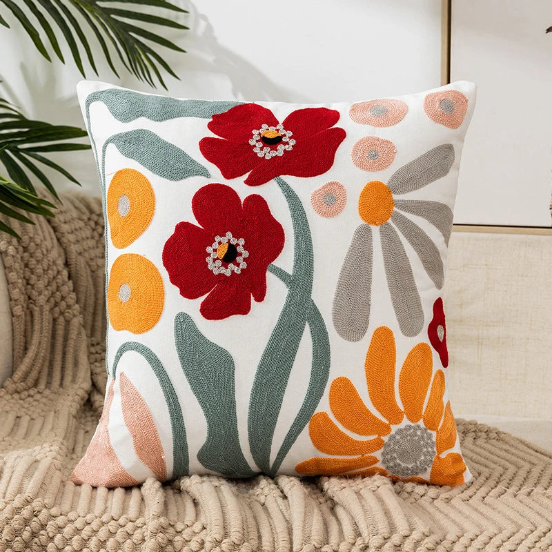 Flower Embroidery Throw Pillow Cover - Rusted Decor 