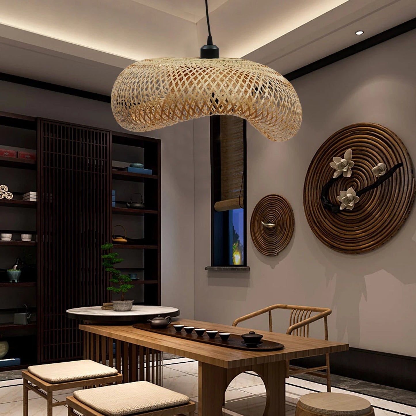 Bamboo Lampshade Led Pendant Lamp Natural Rattan Wicker Ceiling - Rusted Decor 