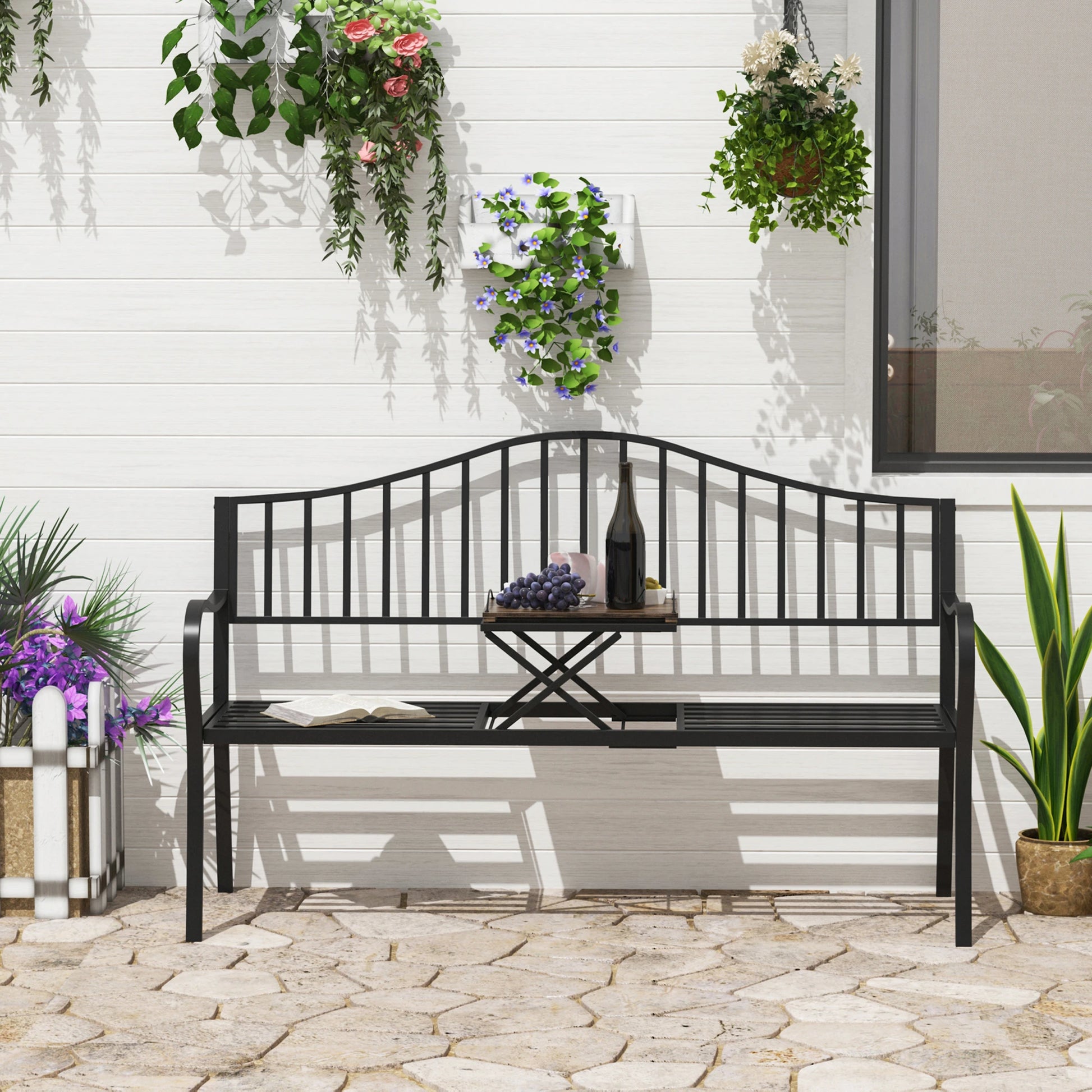 Outsunny Outdoor Bench with Retractable Middle Table, Metal Frame Patio Bench - Rusted Decor 