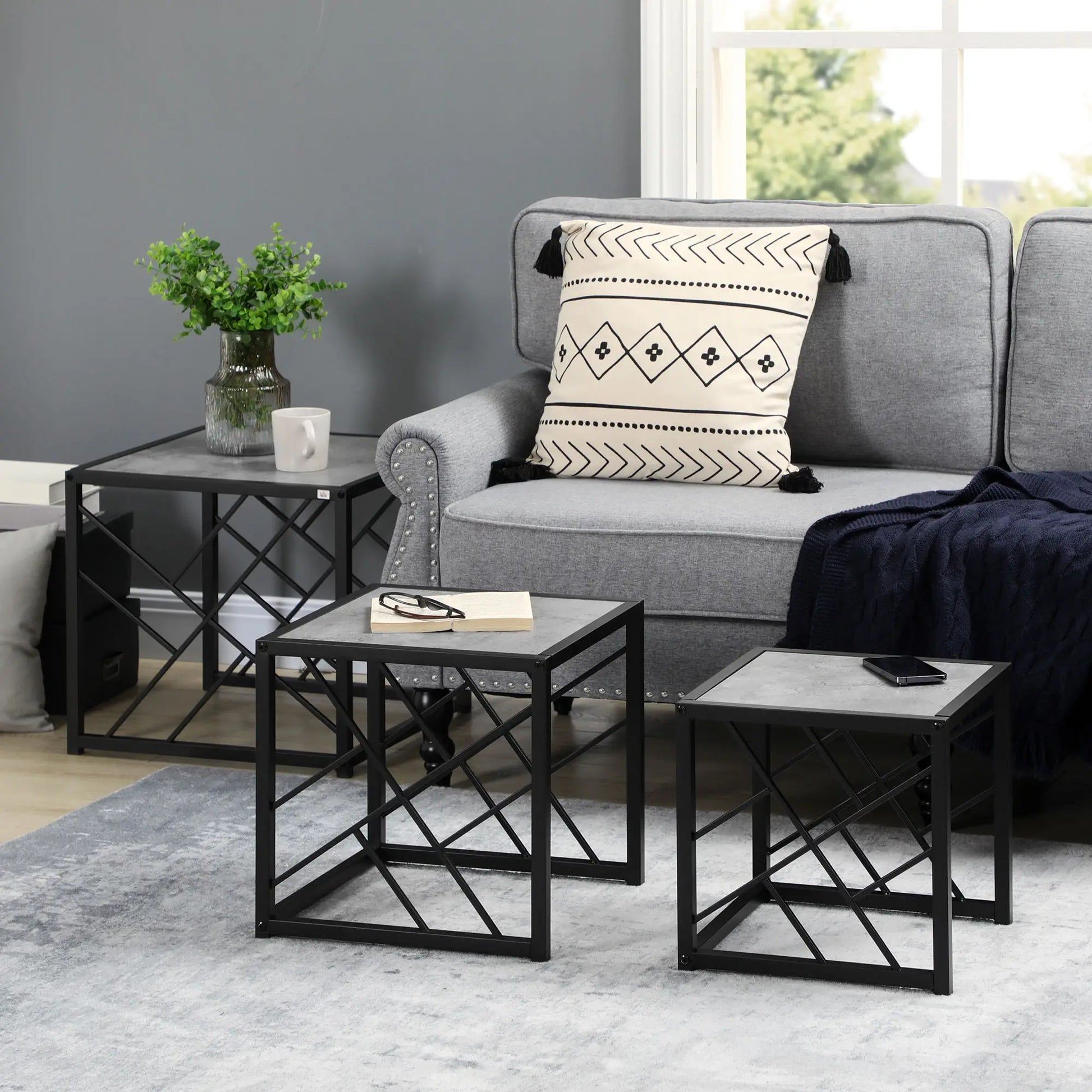 HOMCOM "Nest of Tables" Square Coffee Table Set of 3 with Metal Frame, Grey - Rusted Decor 