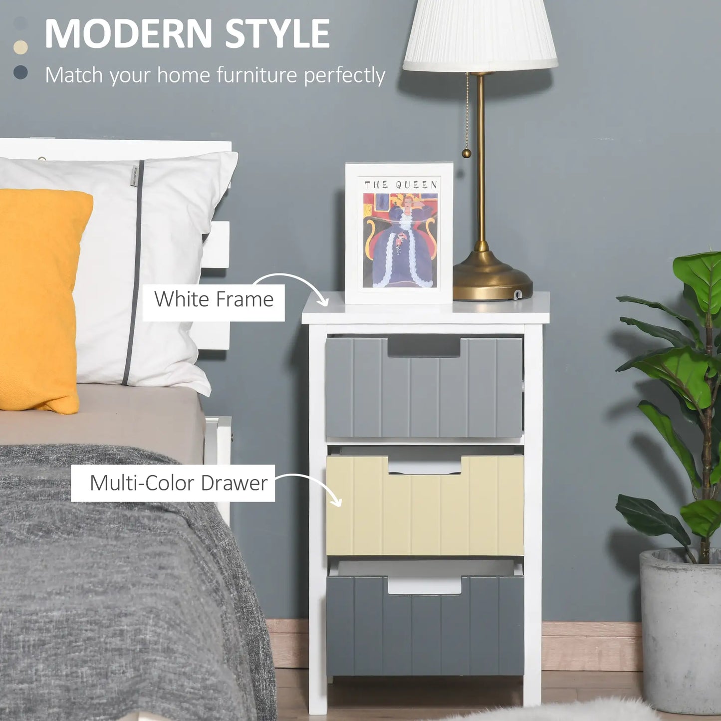 HOMCOM Bedside Table with 3 Drawers, Tall Nightstand with Storage, Multi-Colour - Rusted Decor 