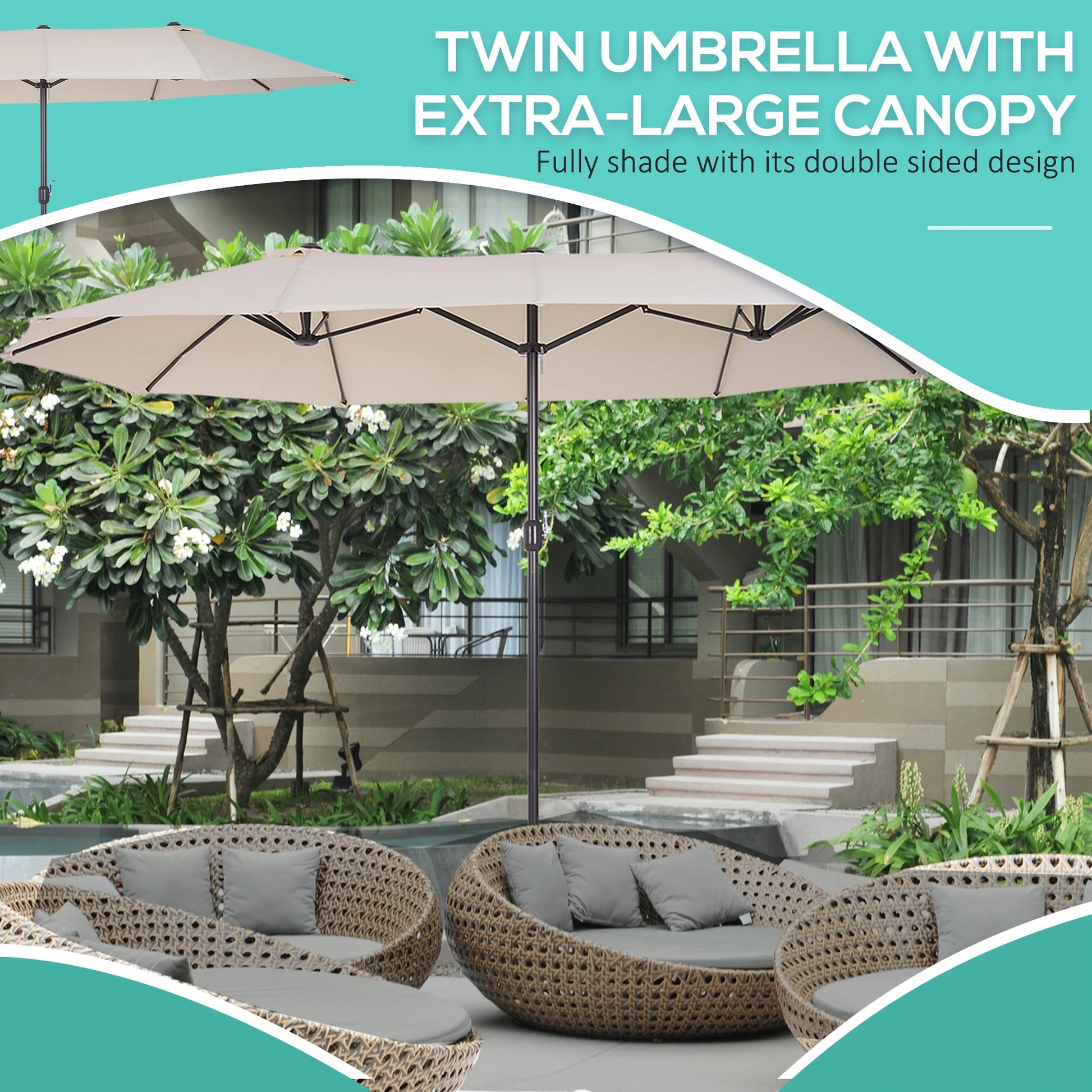 Outsunny 15' Outdoor Patio Umbrella with Twin Canopy Sunshade Steel Table Umbrella with Lift Crank Beige - Rusted Decor 