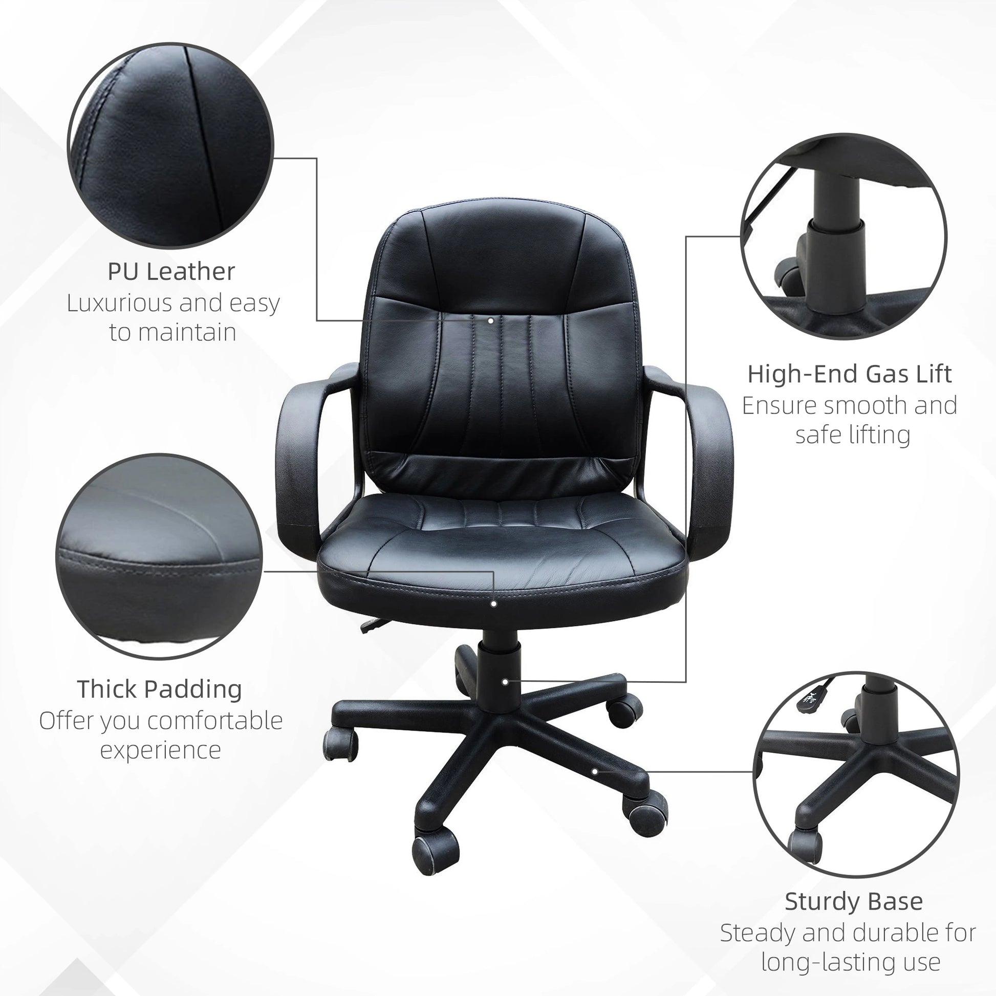 HOMCOM Desk Office Chair PU Leather, Adjustable Height, Black - Rusted Decor 