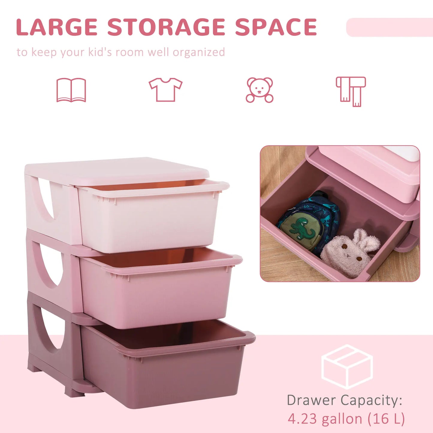 Qaba 3 Tier Kids Toy Organizer and Storage Bins with 3 Plastic Drawers - Rusted Decor 