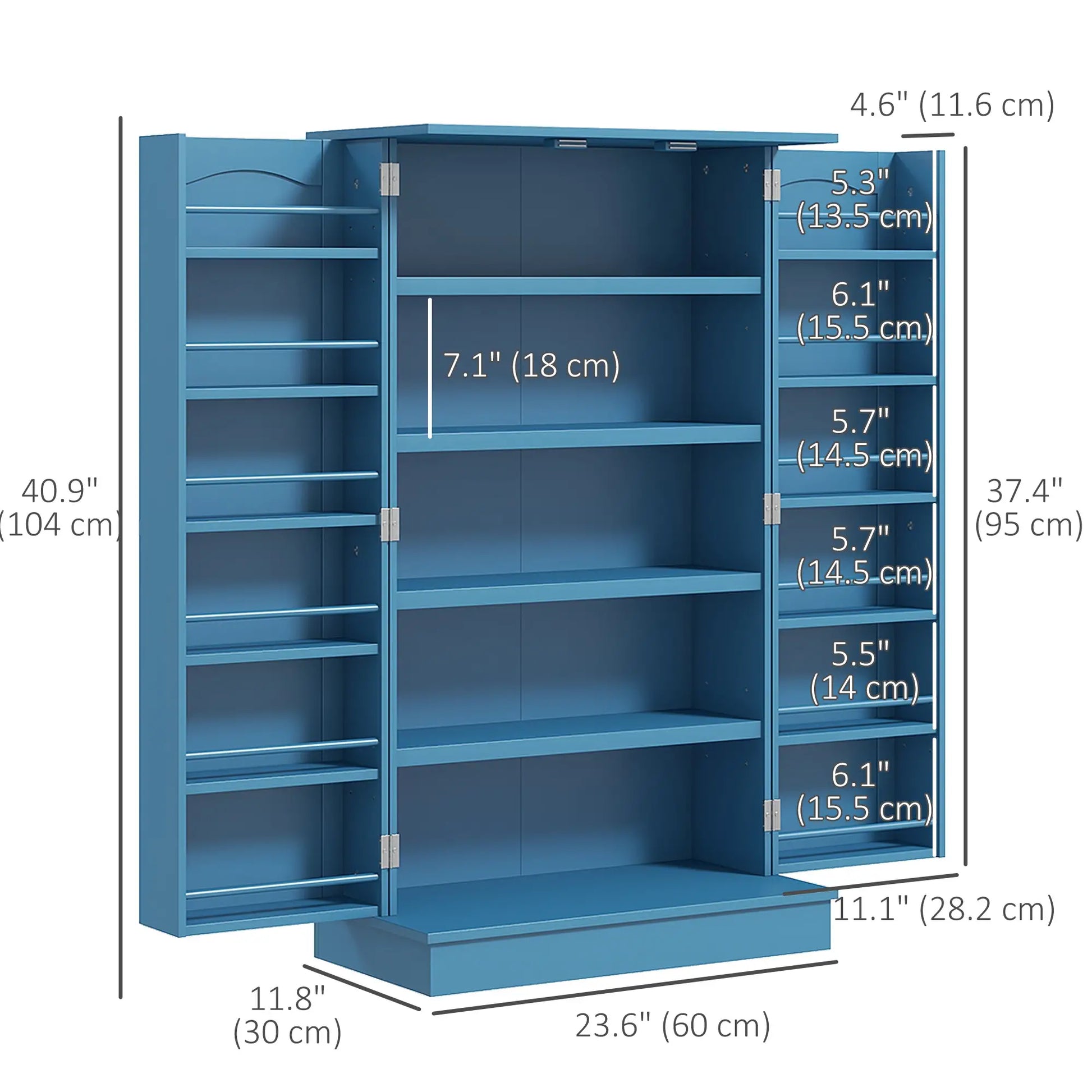 2-Door Kitchen Pantry Cabinet with 5-tier Shelving, 12 Spice Racks and Adjustable Shelves,41", Blue-Rusted Decor 