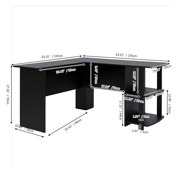 L-Shaped Wood Right-angle Computer Desk with Two-layer Bookshelves - Rusted Decor 