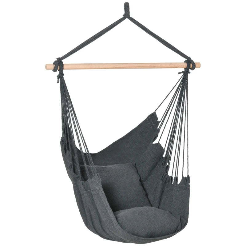 Outsunny Hammock Chair Swing Hanging Macrame Chair Cotton w/ Two Soft Seat Cushions, for Bedroom Indoor Outdoor, Dark Grey - Rusted Decor 