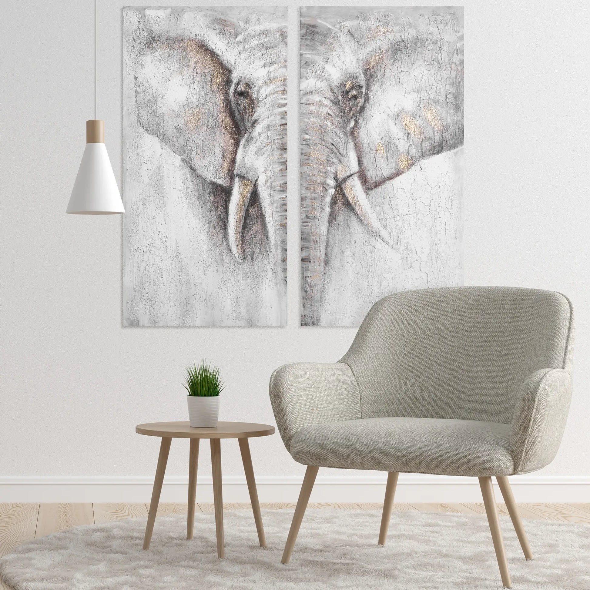 HOMCOM 2 Panel Elephant Art Hand-Painted Canvas Painting with Heavy Texture, White / Grey, 47.25" x 47.25" - Rusted Decor 