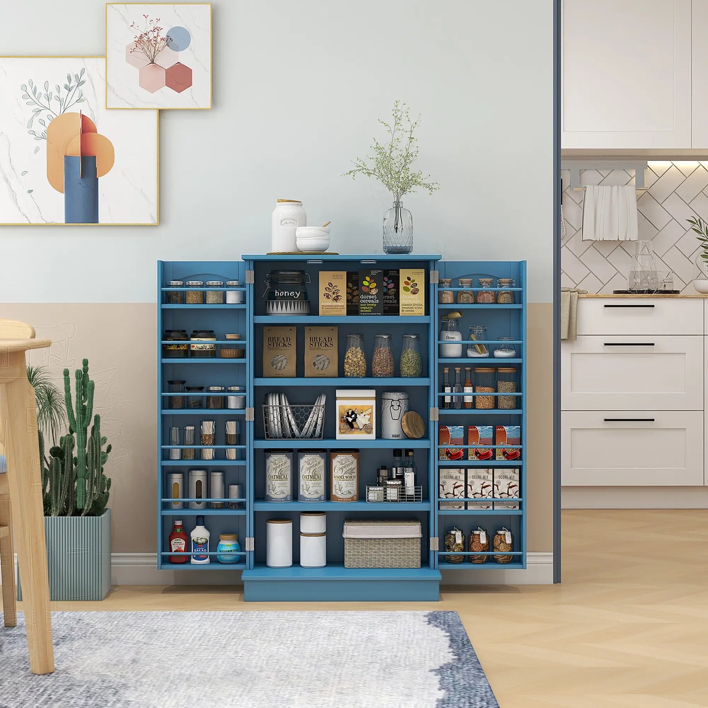 2-Door Kitchen Pantry Cabinet with 5-tier Shelving, 12 Spice Racks and Adjustable Shelves,41", Blue - Rusted Decor 