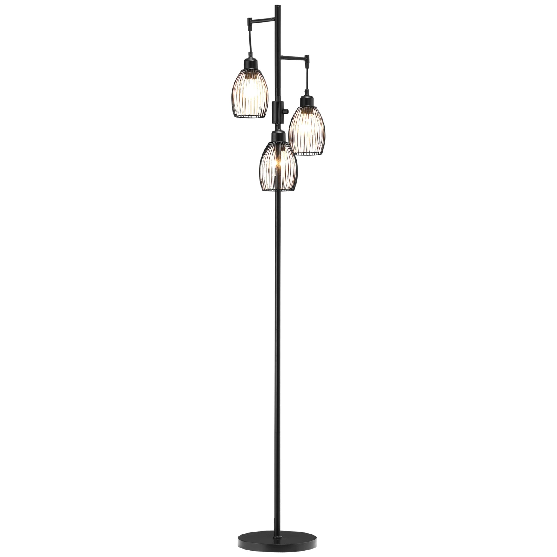 HOMCOM Industrial Floor Lamp with 3 Hanging Wire Lampshades, Dimmable, Black - Rusted Decor 