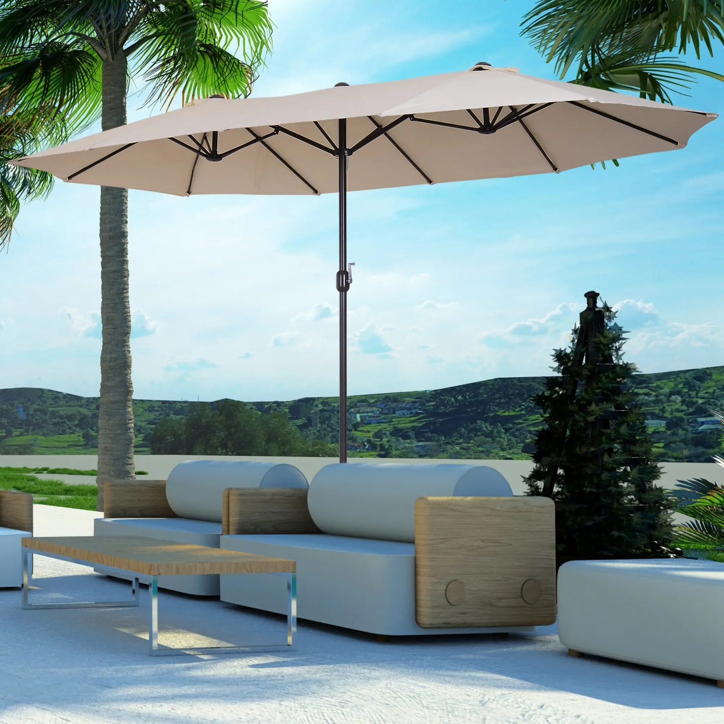 Outsunny 15' Outdoor Patio Umbrella with Twin Canopy Sunshade Steel Table Umbrella with Lift Crank Beige - Rusted Decor 