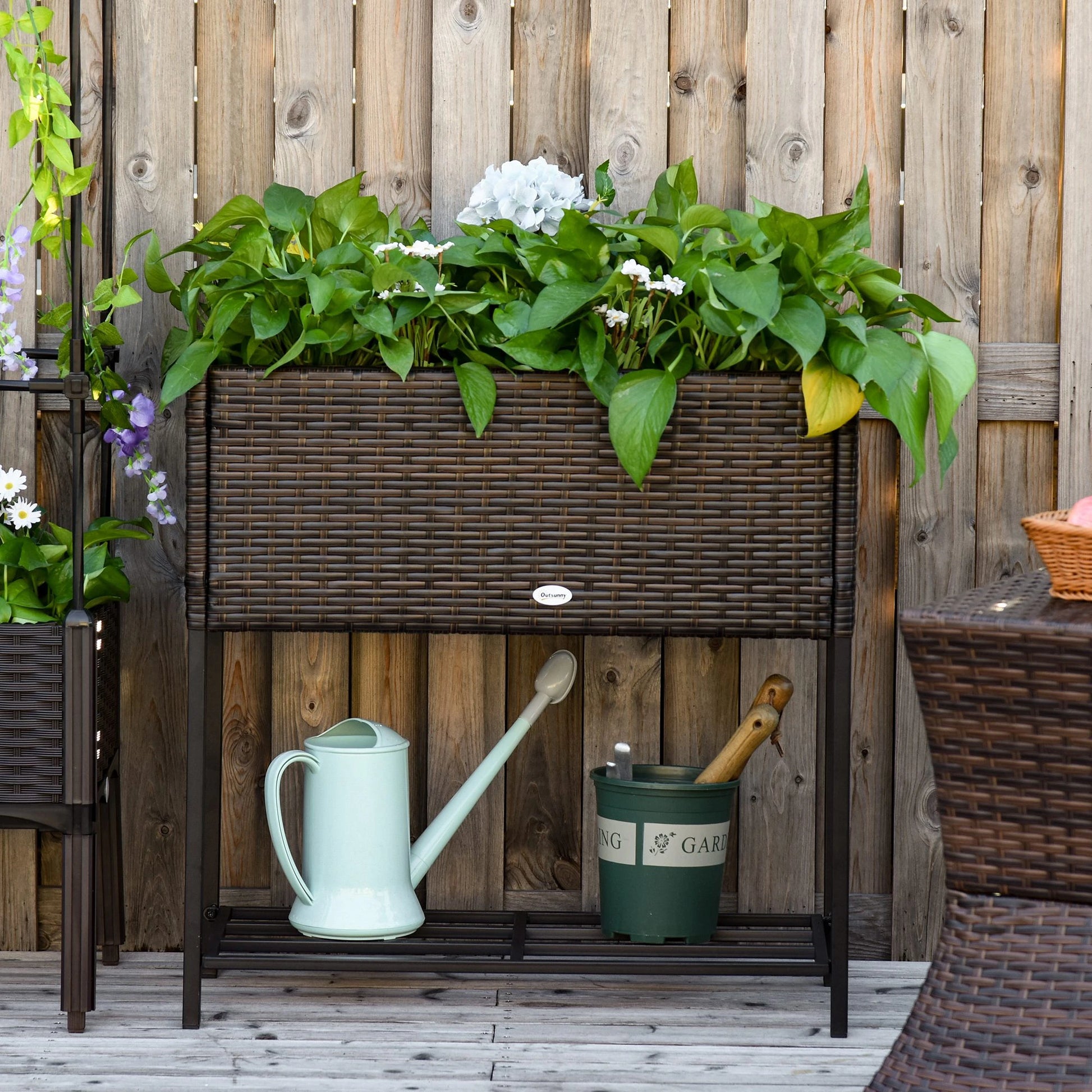 Outsunny Rattan Raised Garden Flower Bed, Box with Storage Shelf - Rusted Decor 