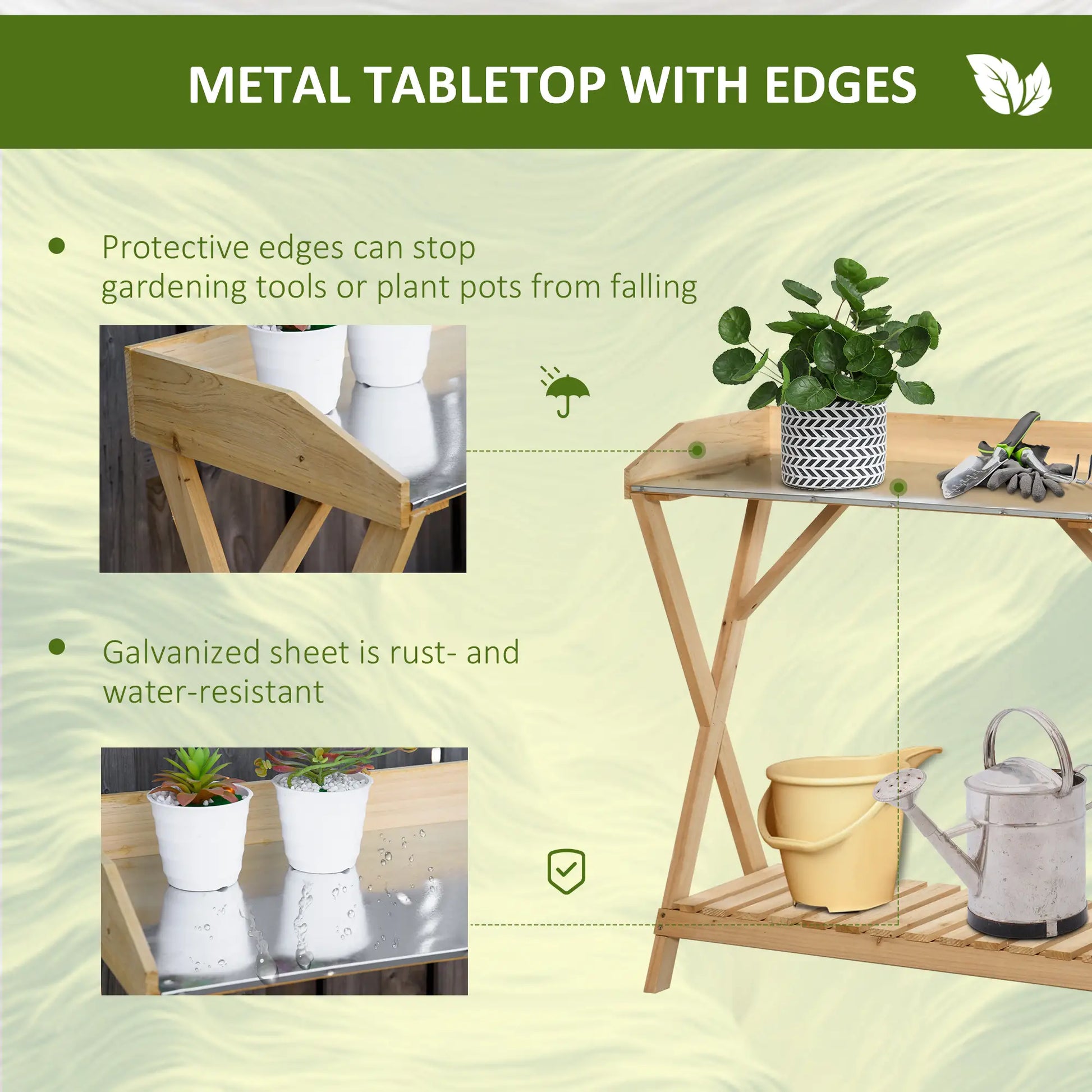 Outsunny Wooden Garden Potting Bench Table, Work Station w/ Galvanized Metal Tabletop and Storage Shelf - Rusted Decor 