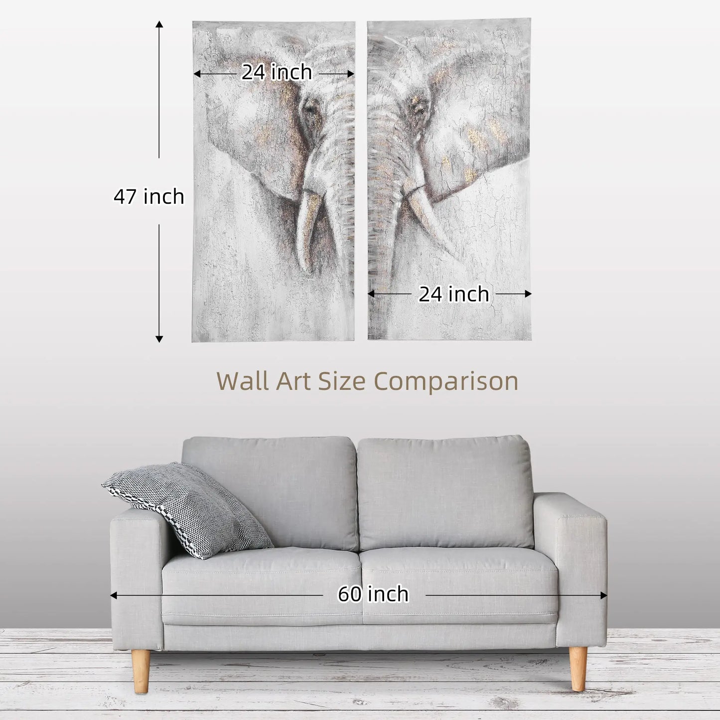 HOMCOM 2 Panel Elephant Art Hand-Painted Canvas Painting with Heavy Texture, White / Grey, 47.25" x 47.25" - Rusted Decor 