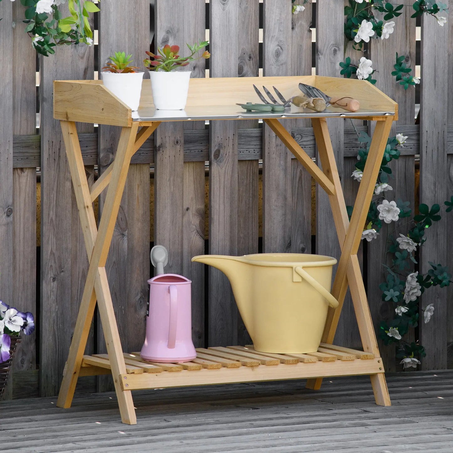 Outsunny Wooden Garden Potting Bench Table, Work Station w/ Galvanized Metal Tabletop and Storage Shelf - Rusted Decor 