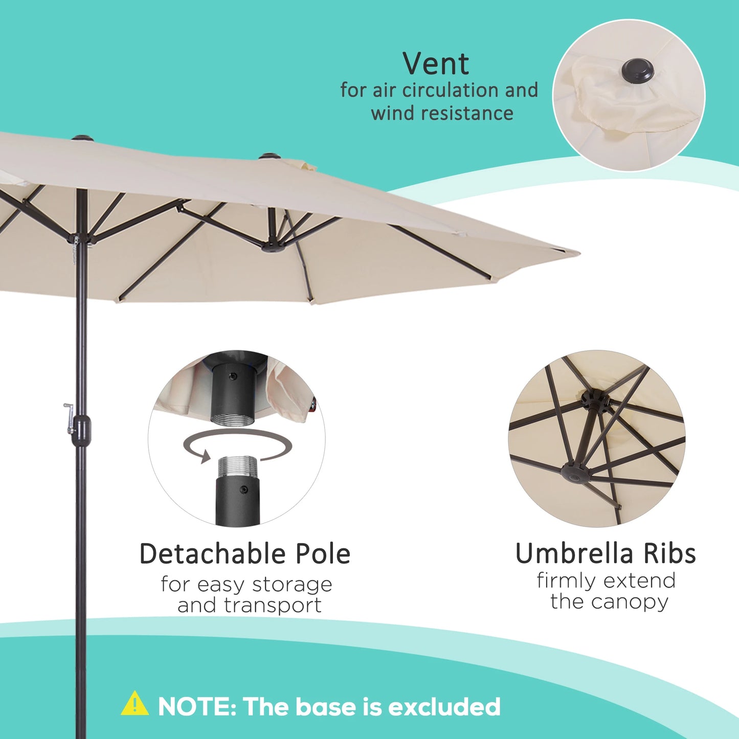 Outsunny 15' Outdoor Patio Umbrella with Twin Canopy Sunshade Steel Table Umbrella with Lift Crank Beige - Rusted Decor 